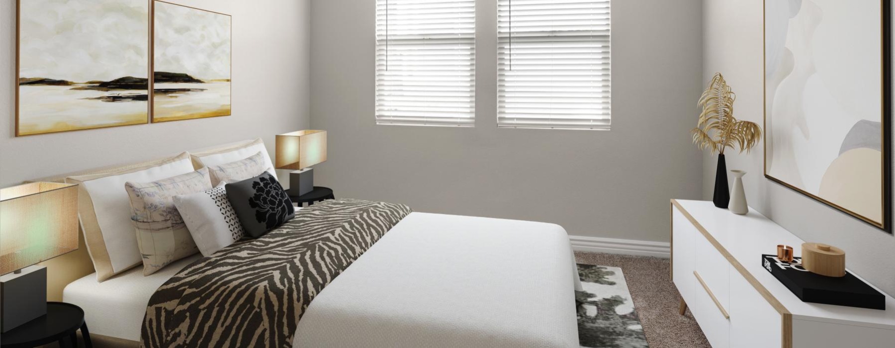 a bedroom with a bed and a mirror